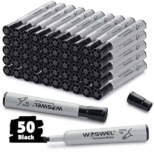 WOSWEL 50 Pack Permanent Markers Bulk, Chisel Tip, Black, Jumbo Thick Large Permanent Markers, Wide Tip Markers, Works on Plastic,Wood,Stone,Metal and More, Perfect for Signs and Posters