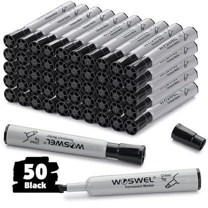 WOSWEL 50 Pack Permanent Markers Bulk, Chisel Tip, Black, Jumbo Thick Large Permanent Markers, Wide Tip Markers, Works on Plastic,Wood,Stone,Metal and More, Perfect for Signs and Posters