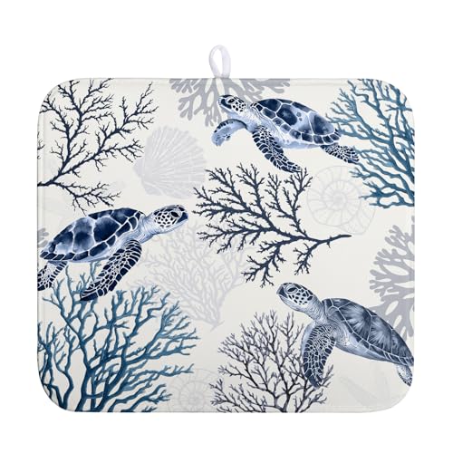 Nautical Coastal Dish Drying Mat Summer Beach Dish Pad for Kitchen Counter Ocean Coral Sea Turtle Absorbent Microfiber Dish Draining Reusable Washable Blue Dish Drainer Mat 16×18 Inch - color: Coastal Turtle, size: 16" x 18"
