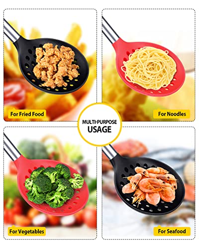 Silicone Kitchen Ladle Strainer, Black-Red, 2 Pack | Slotted Spoon, High Heat Resistant, BPA Free, Non Stick, Ideal for Draining and Frying - color: Black and Red
