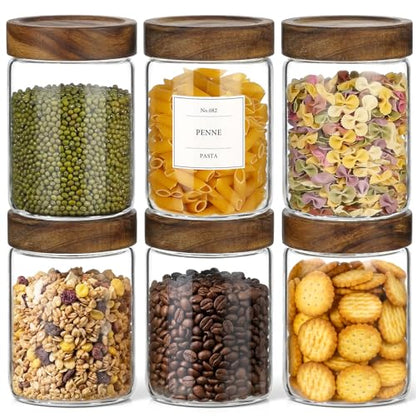 CONNOO 28oz Glass Storage Jars with Wood Lids (6-Pack) – Includes 120 Pre-Printed Waterproof White Kitchen Labels – Airtight Pantry Containers for Rolled Oats, Pasta & Cereals - size: cylindrical/28oz/6pcs