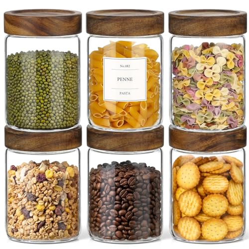CONNOO 28oz Glass Storage Jars with Wood Lids (6-Pack) – Includes 120 Pre-Printed Waterproof White Kitchen Labels – Airtight Pantry Containers for Rolled Oats, Pasta & Cereals - size: 28oz-6pcs