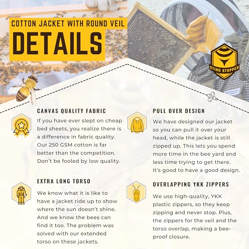 Sting Stopper Cotton Canvas Beekeeping Jacket with Round Veil - size: Large