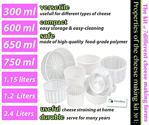 PetriStor 7pcs Cheese Making Kit Beginners №1 - Soft Cheese Molds + Cheese Mold with a Follower Piston - Cheese Making Supplies - Cream Cheese Form Mold Basket