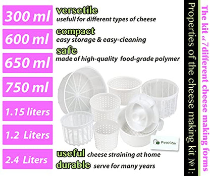 PetriStor 7pcs Cheese Making Kit Beginners №1 - Soft Cheese Molds + Cheese Mold with a Follower Piston - Cheese Making Supplies - Cream Cheese Form Mold Basket