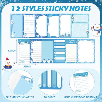 Chiisong 12 Pcs Christmas Sticky Notes Christmas Design Self Adhesive Note Pads Winter Snowflake Sticky Memo Blue Cartoon Snowman Penguin Notepad for Xmas Gift Office Home Supplies Present - style: Blue Christmas