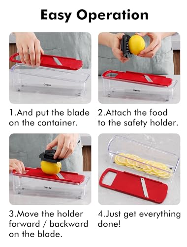 Geedel Professional Mandoline Slicer for Kitchen, Multi Purpose Vegetable Slicer Cutter, Vegetable Cutter Onion Cutter for Veggie Fruit Cheese - color: Red