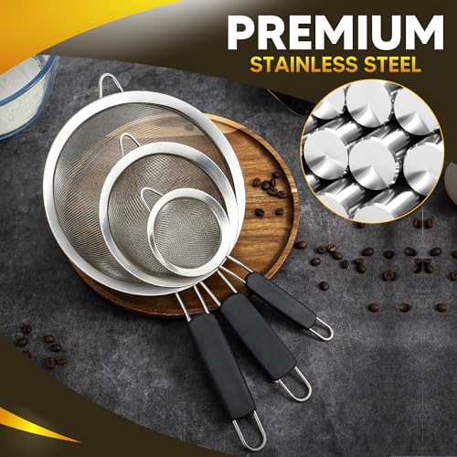 Set of 3 Fine Mesh Strainers for Kitchen | 3.4 inch, 5.5 inch and 7.9 inch Stainless Steel Strainer