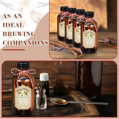 Uiifan 6 Pack Amber Glass Boston Round Bottles with Caps Brown Vanilla Extract Bottles and 6 Pcs Vanilla Extract Stickers for Syrup Gift Glass Food Storage Canister Set Sauce Beans(8 oz) - size: 8 Ounces
