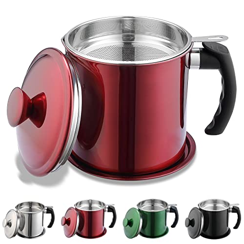 Kyraton Bacon Grease Container With Strainer, 48 oz Metal Shining Red Stainless Steel Oil Container, Pot Fat Storage With Lid, Easy Grip Handle Suitable For Storing Frying Oil And Cooking Grease - color: 4.Metal Red