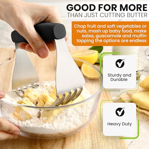 Spring Chef Dough Blender For Baking, Heavy Duty Dough Cutter Tool, Stainless Steel Pastry Cutter Tool with Sharp & Sturdy Blades, Pastry Blender for Easy Mixing, Dishwasher Safe - XL Size - Black | Heavy Duty Dough Mixer with Stainless Steel Blades, Butt