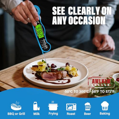 AWLKIM Meat Thermometer Digital, Instant Read Thermometer, Blue | Grill, BBQ, candy and baking thermometer with backlit display, foldable probe and magnetic storage. - color: Blue