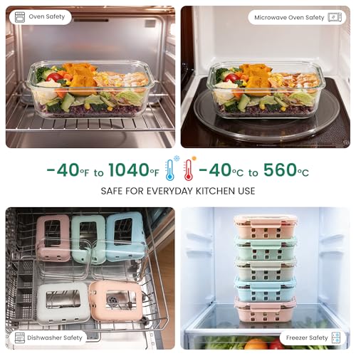 GENICOOK Glass Meal Prep Containers 5 Pack, 4.4 Cup Airtight Leakproof Lids, Borosilicate Glass Food Storage Containers, Microwave Oven Freezer Safe, BPA Free Lunch Containers - color: Bright color
