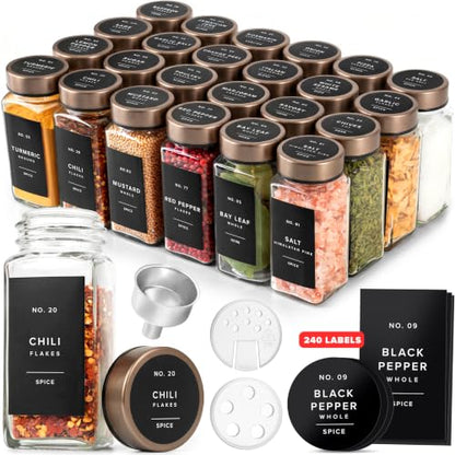 EDELHAUS Glass Spice Jars with Label, 24x Champagne Bronze Steel Lids | Airtight lids keep spices fresh; use as a spice organizer, seasoning containers or 4 oz jar set; funnel, brush & 240 labels - color: Champagne Bronze Stainless Steel Lid