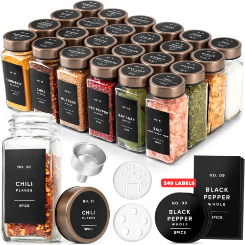 EDELHAUS Glass Spice Jars with Label, 24x Champagne Bronze Steel Lids | Airtight Lids keep spices fresh, Kitchen Spice Drawer Organizer, 4oz Seasoning Containers incl. Funnel, Brush & 240 Labels - color: Champagne Bronze Stainless Steel Lid