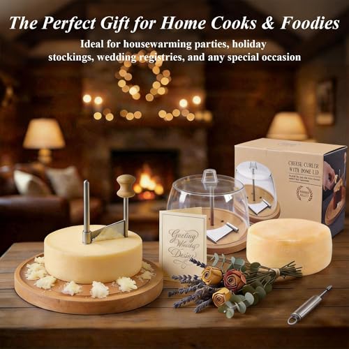 Cheese Curler Wheel with Lid - Stainless Steel Girolle Cheese Shaver Tool with Wood Base - Round Floral Slicer Maker for Tête de Moine, Hard Cheeses & Chocolate