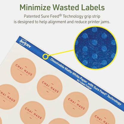Avery Dissolvable Round Labels, Sure Feed Technology, 1.5" Diameter, Matte White, Print-to-The-Edge, Laser/Inkjet Printable, 500 Labels Total - style: 500 labels
