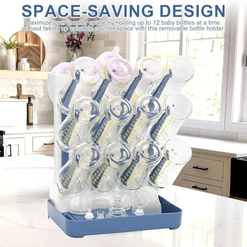 Baby Bottle Drying Rack, Countertop Bottle Dryer, Cup Drying Rack, for 12Pc Bottles and Accessories,Pump Parts,Pacifiers,for Small Water Cup,Vitality Blue, Free Small Brush for Cleaning