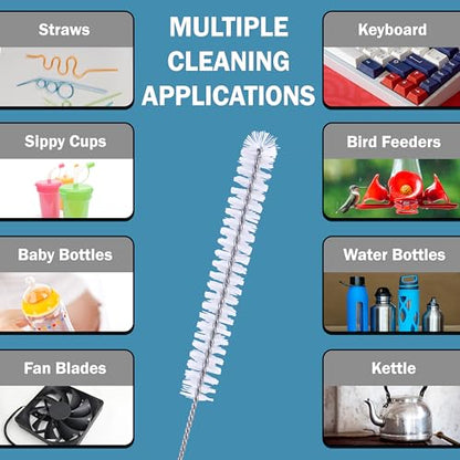 Strong 'n Flex Nylon Straw Cleaner Brushes – Fan-Shaped End for Tight Spaces, Ideal for Reusable Straws, Water Bottles, Sippy Cups & Pipes – Includes Zippered Pouch – 12" Long – Set of 10