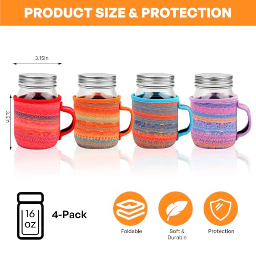 KJQJLY 4 Pcs Mason Jars Sleeves Neoprene 16oz and 24oz 32oz Regular and Wide Mouth Mason Jar Sleeves Holder with Handle (Desert Sunset, 16 OZ) - color: Desert Sunset, size: 16 OZ