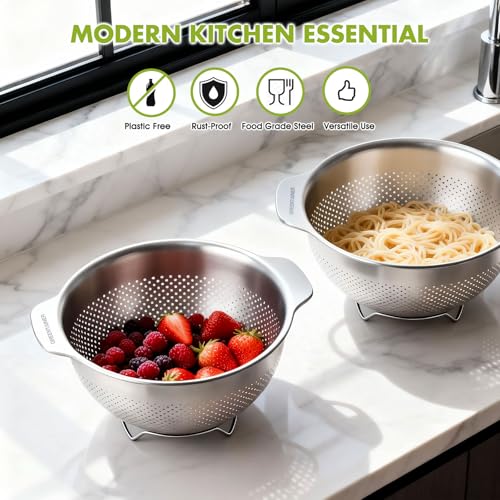 Greentainer Stainless Steel Colander with Handles - 3.5 QT Pasta Strainer for Kitchen Food Basket for Vegetables Fruits, Nesting Stainless Steel Strainer and Sieve, Dishwasher Safe - size: 3.5 QT