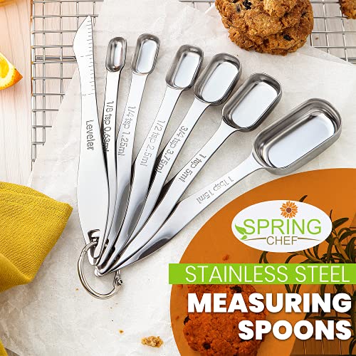 Spring Chef Stainless Steel Measuring Spoons Set of 7 with Leveler, Rectangular Metal Teaspoon & Tablespoon Measuring Spoons for Dry & Liquid Ingredients - Nesting Kitchen Gadgets For Baking & Cooking - style: Spoons - Set of 7