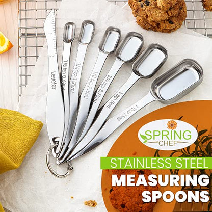 Spring Chef Stainless Steel Measuring Spoons Set of 7 with Leveler, Rectangular Metal Teaspoon & Tablespoon Measuring Spoons for Dry & Liquid Ingredients - Nesting Kitchen Gadgets For Baking & Cooking - style: Spoons - Set of 7