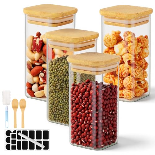 Square Glass Jars with Bamboo Lids, 4 Pack 10 Fl.oz Glass Storage Jars, Sugar Coffee Containers with Airtight Lid, Pantry Canisters for Spice Tea Candy Nuts - Included Labels, Spoon and Marker - color: 4 Pack, size: 10 fl.oz