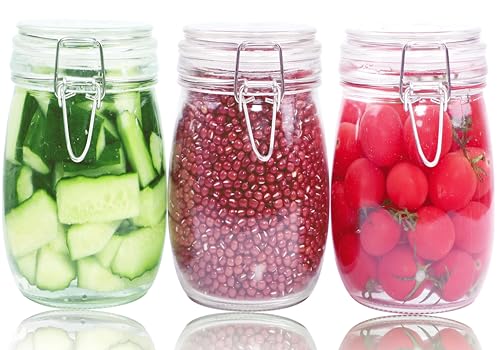 Glass Jars With Airtight Lid 32 Oz (Set Of 3) Wide Mouth Mason Glass Sealed Storage Canisters Leakproof For Coffee Sugar Nuts Spice Refrigerator Pickles & Preserves Tea For Fridge Kitchen Pantry - color: 3 Set