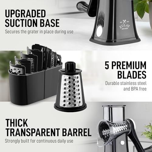 Zulay Kitchen Rotary Cheese Grater 5 Blade Cheese Shredder - Manual Hand Crank Cheese Grater With Reinforced Suction & 5 Interchangeable Drums - Easy to Use, Vegetable Chopper Round Mandoline Slicer - color: Black