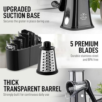 Zulay Kitchen Rotary Cheese Grater 5 Blade Cheese Shredder - Manual Hand Crank Cheese Grater With Reinforced Suction & 5 Interchangeable Drums - Easy to Use, Vegetable Chopper Round Mandoline Slicer - color: Black