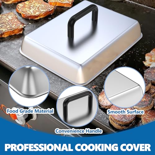 SafBbcue 14" Stainless Steel Rectangle Cheese Melting Domer Basting Cover & Cast Iron Rectangle Griddle Smash Burger Grill Weight Press for Blackstone, Pitboss, Camp Chef Flat Top Grills Accessories - style: 14InDome+10In Press