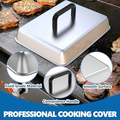 SafBbcue 14" Stainless Steel Rectangle Cheese Melting Domer Basting Cover & Cast Iron Rectangle Griddle Smash Burger Grill Weight Press for Blackstone, Pitboss, Camp Chef Flat Top Grills Accessories - style: 14InDome+10In Press