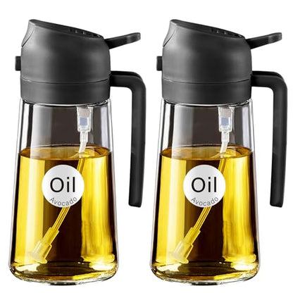 YARRAMATE 2Pcs 16oz/470ml Olive Oil Dispenser, Food-grade 2 in 1 Oil Glass Sprayer for Cooking, Kitchen, Air Fryer, Salad, Frying, BBQ (Black) - color: 16_2Pcs Black
