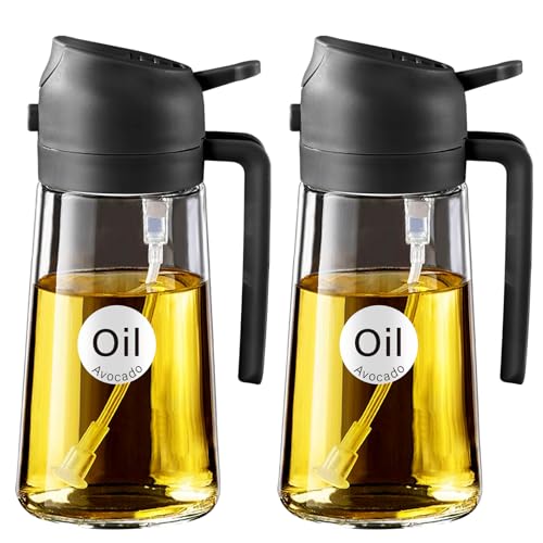 YARRAMATE 2Pcs 16oz/470ml Olive Oil Dispenser, Food-grade 2 in 1 Oil Glass Sprayer for Cooking, Kitchen, Air Fryer, Salad, Frying, BBQ (Black) - color: 16_2Pcs Black
