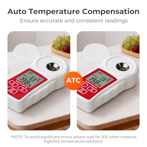 Rechargeable Digital Brix Refractometer with ATC for Fruit/Juice/Slushie | One-Tap Calibration, Anti-Glare Interference, Waterproof, Ultra-Long Battery Life (0-55% Range, 0.1% Resolution) - color: Red