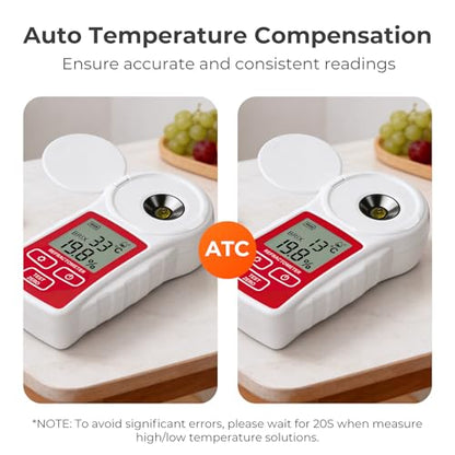 Rechargeable Digital Brix Refractometer with ATC for Fruit/Juice/Slushie | One-Tap Calibration, Anti-Glare Interference, Waterproof, Ultra-Long Battery Life (0-55% Range, 0.1% Resolution) - color: Red