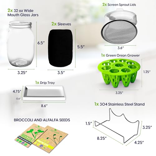 Broccoli Sprouting Kit & Green Onion Regrower with USA Organic Broccoli & Alfalfa Seeds – 2 Wide-Mouth Mason Jars, Sprout Lids, Stainless Stand, Drain Tray & Blackout Sleeves (Sprout Jar + Seeds) - color: Sprout Jar + Seeds