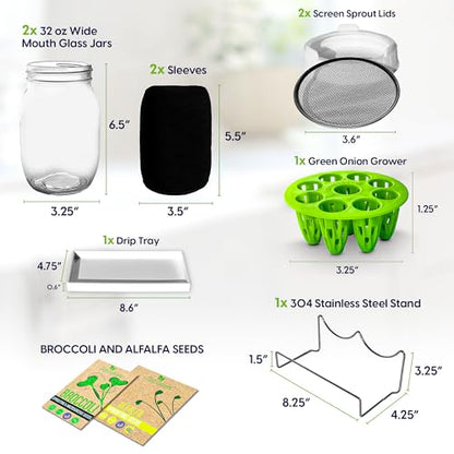 Broccoli Sprouting Kit & Green Onion Regrower with USA Organic Broccoli & Alfalfa Seeds – 2 Wide-Mouth Mason Jars, Sprout Lids, Stainless Stand, Drain Tray & Blackout Sleeves (Sprout Jar + Seeds) - color: Sprout Jar + Seeds