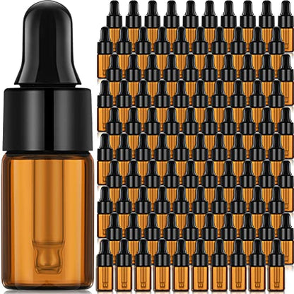 Nuogo 100 Pcs Mini Amber Glass Oil Dropper Bottle Bulk, Clear Essential Small Empty Sample Vial with Dropper and Black Caps Tiny Amber Glass Bottles Perfume Jars for Travel(3 ml) - size: 3 ml