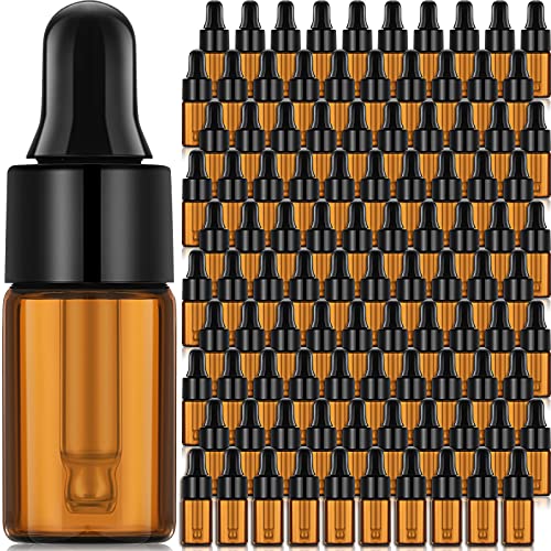 Nuogo 100 Pcs Mini Amber Glass Oil Dropper Bottle Bulk, Clear Essential Small Empty Sample Vial with Dropper and Black Caps Tiny Amber Glass Bottles Perfume Jars for Travel(3 ml) - size: 3 ml