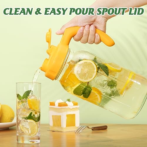 Soligt Glass Mason Jar Pitcher with Lid, Wide Mouth Flip Cap Pour Spout Leak-proof Lid with Handle, 64 oz (2 Quart /1.9 Liter), for Sun Tea/Iced Tea/Juice/Cold Brew Coffee/Milk (1 Pack, Vivid Yellow) - color: Vivid Yellow