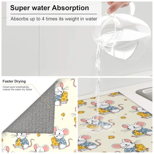 Cartoon Mice Yellow Cheese Dish Drying Mats for Kitchen Counter, Super Absorbent Microfiber Drainer Pad, Washable Reversible Appliance Protector, Everyday Kitchen Must-Have, 16x18 Inch - color: Cartoon Mice Yellow Cheese