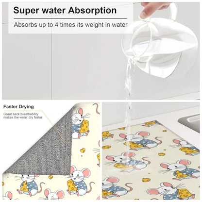 Cartoon Mice Yellow Cheese Dish Drying Mats for Kitchen Counter, Super Absorbent Microfiber Drainer Pad, Washable Reversible Appliance Protector, Everyday Kitchen Must-Have, 16x18 Inch - color: Cartoon Mice Yellow Cheese