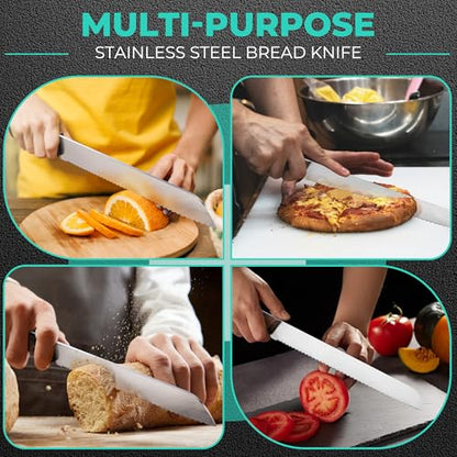 HAUSHOF Bread Knife with Sheath, 10-Inch Serrated Bread Knife for Homemade Bread, 5CR15M0V Premium Stainless Steel Bread Cutter with Gift Box for Mom Dad, Full Tang and Ergonomic Handle - size: 10 inches