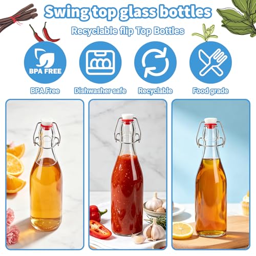 6 Pack 16oz Swing Top Glass Bottles – Flip Top Bottles with Stoppers for Vanilla Extract, Kombucha, Kefir, Home Brewing, Fermentation & Gifting, Includes Funnel & Extra Gaskets