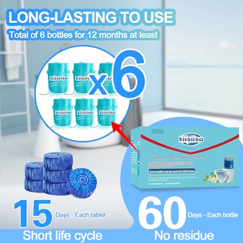 KIISIISO Toilet Bowl Cleaners-6 Pack, Automatic Toilet Tank Cleaner Tablets in Bottles, Long-Lasting Powerful Cleaning, Prevents Bathroom Stain & Odors Build Up, Septic Safe, Blue Water - size: 7.5 Ounce (Pack of 6)