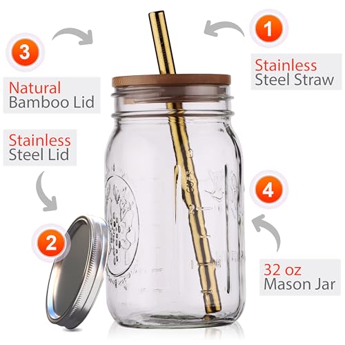 Reusable Boba Bubble Tea & Smoothie Cups - 2 Glass Wide Mouth 32oz Mason Jars with Bamboo Lids - 2 Reusable Gold Stainless Steel Boba Straws