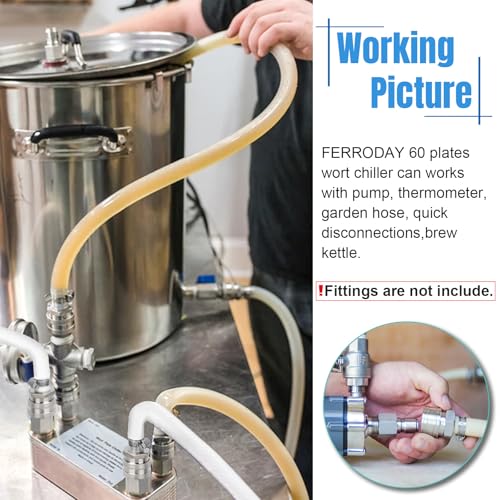 Ferroday Wort Chiller, 60 Plate Stainless Steel Brazed Plate Heat Exchanger, 1/2 NPT & 3/4 NPT Thread Plate Wort Chiller, Beer Brewing Chiller Wort Cooler For Homebrew-7.5" x 5.6" - size: 60 Plate（1/2 NPT & 3/4 NPT）