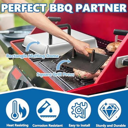 SafBbcue 14" Stainless Steel Rectangle Cheese Melting Domer Basting Cover & Cast Iron Rectangle Griddle Smash Burger Grill Weight Press for Blackstone, Pitboss, Camp Chef Flat Top Grills Accessories - style: 14InDome+10In Press